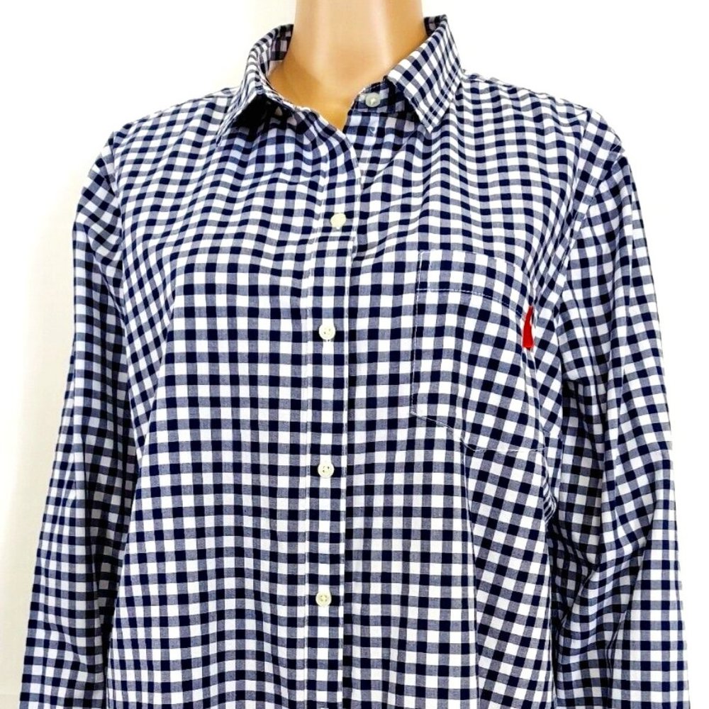 "OLD NAVY Women's Long Sleeve Shirt Dark Blue & White Plaid Valentine Heart"